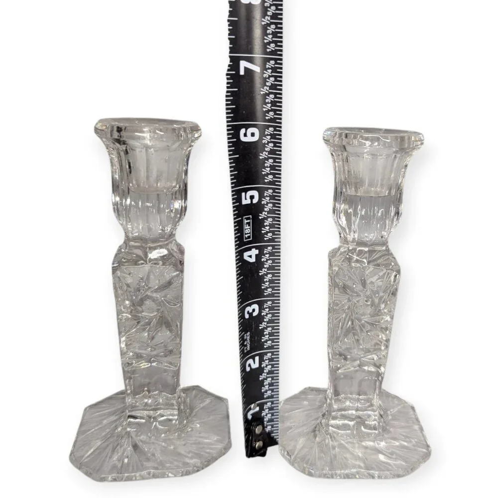 Vintage Pair Set Cut Lead Crystal Candle Stick Holders Pinwheel Pattern 6